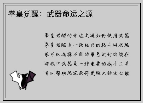 拳皇觉醒：武器命运之源