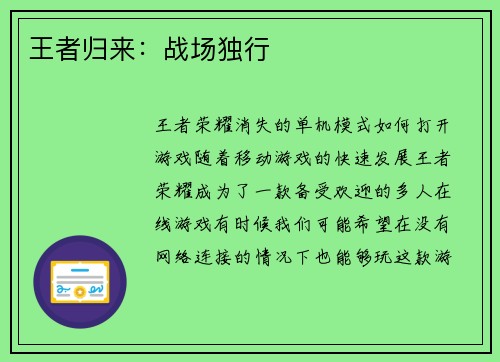 王者归来：战场独行