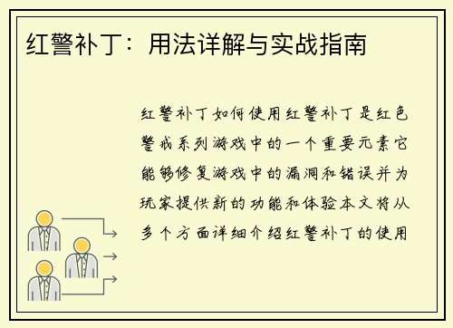 红警补丁：用法详解与实战指南