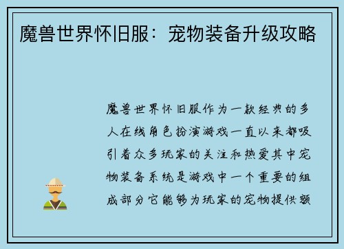 魔兽世界怀旧服：宠物装备升级攻略